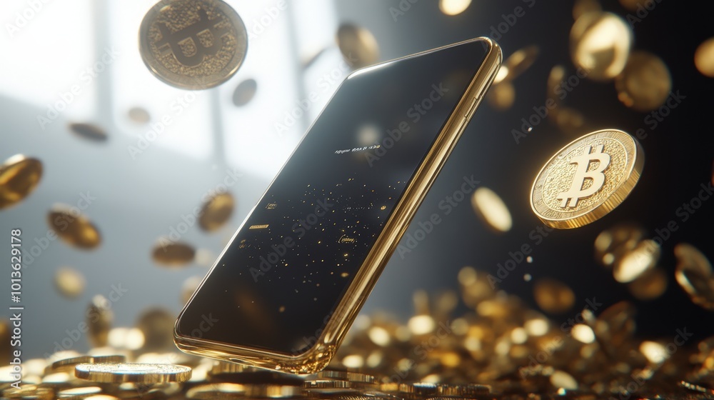 Digital currency and mobile technology concept with smartphone and bitcoins Digital currency and mobile technology concept with smartphone and bitcoins