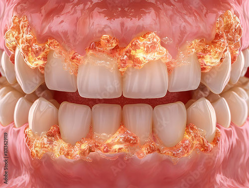 Close-up 3D illustration showing teeth affected by severe gum disease, with visible plaque and tartar buildup along the gumline