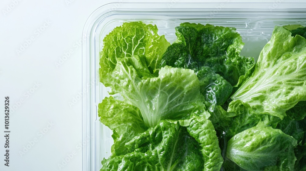A close-up of packaged lettuce leaves in a clear container, set against a plain white background, perfect for food advertisements. A close-up of packaged lettuce leaves in a clear container, set against a plain white background, perfect for food advertisements.