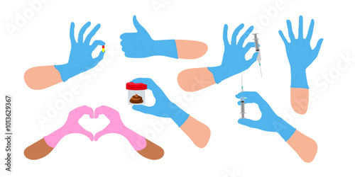 Hands wearing medical gloves showing different gestures. Medical injections, medications, medical tests. Various gestures. Healthcare, medical Vector illustration in flat style isolated on white