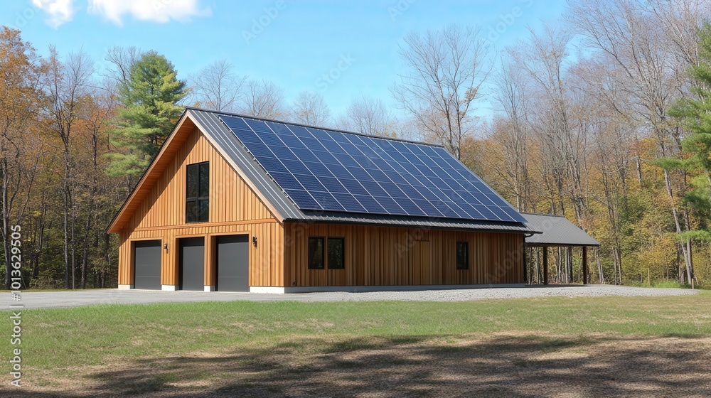 Modern barn with solar panels in forested rural setting Modern barn with solar panels in forested rural setting