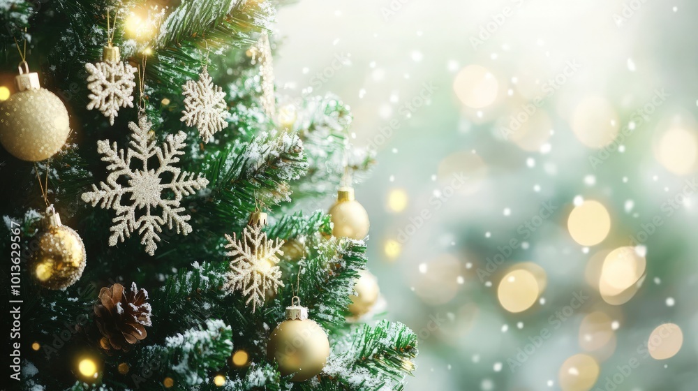 A close-up of a decorated Christmas tree with gold ornaments and snowflakes, with a blurred background of snow and bokeh lights. A close-up of a decorated Christmas tree with gold ornaments and snowflakes, with a blurred background of snow and bokeh lights.