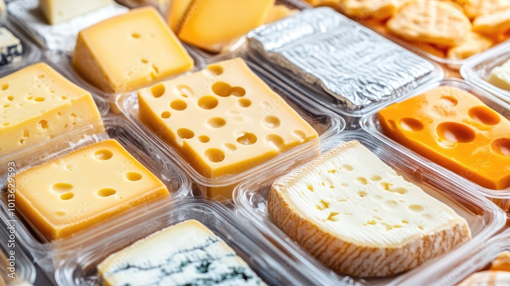 A close-up view of assorted cheese slices, neatly packed in sealed, clear plastic packaging, ready for sale, set against a pure white background. A close-up view of assorted cheese slices, neatly packed in sealed, clear plastic packaging, ready for sale, set against a pure white background.