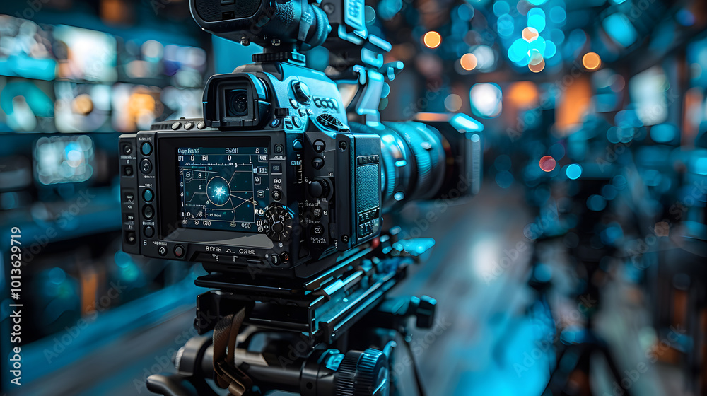 Close-up of a professional video camera with a detailed screen interface in a modern, high-tech studio environment with bokeh lighting Close-up of a professional video camera with a detailed screen interface in a modern, high-tech studio environment with bokeh lighting