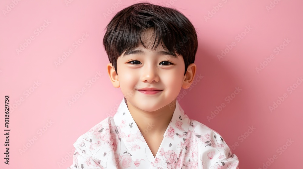 Young child wearing traditional clothing with a pink background smiling brightly Young child wearing traditional clothing with a pink background smiling brightly