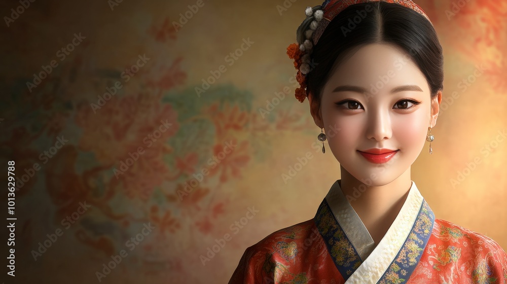Portrait of a woman in traditional dress with floral background Portrait of a woman in traditional dress with floral background