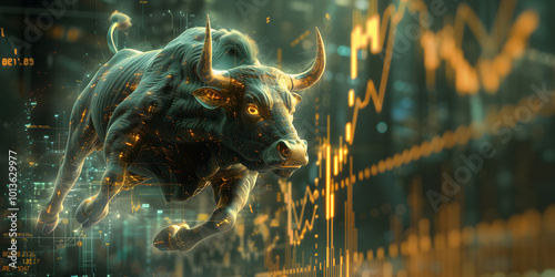 Stock market bull trading up. Symbolizing rising stock market, green colored. Abstract concept of wall street business, bull market trader, crypto currency trading. Generative AI
