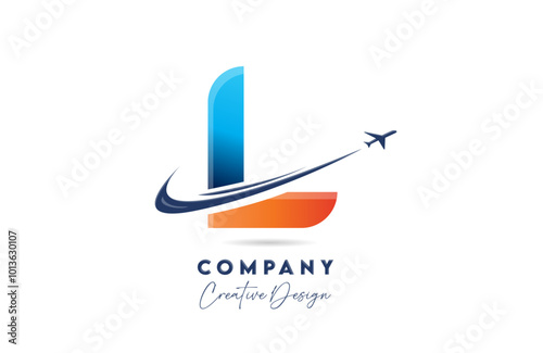 L corporate letter alphabet logo icon design with swoosh plane suitable for an air or aerospace travel company or business