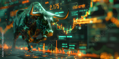 Stock market bull trading up. Symbolizing rising stock market, green colored. Abstract concept of wall street business, bull market trader, crypto currency trading. Generative AI