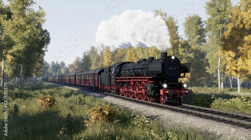 The steam train moves steadily along the tracks, billowing smoke while flanked by vibrant green trees, evoking nostalgia for classic railway journeys in nature