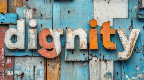 Rustic wooden wall art featuring the word dignity in bold letters