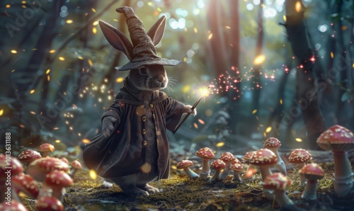 Whimsical rabbit dressed as a wizard, with a long robe and magic wand, casting spells in a enchanted forest filled with glowing mushrooms, 4K hyperrealistic photo