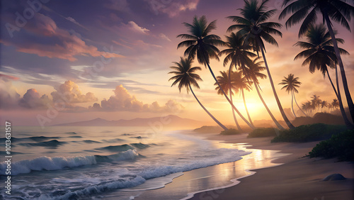 Sunset over tropical beach with metallic palm trees and ocean waves