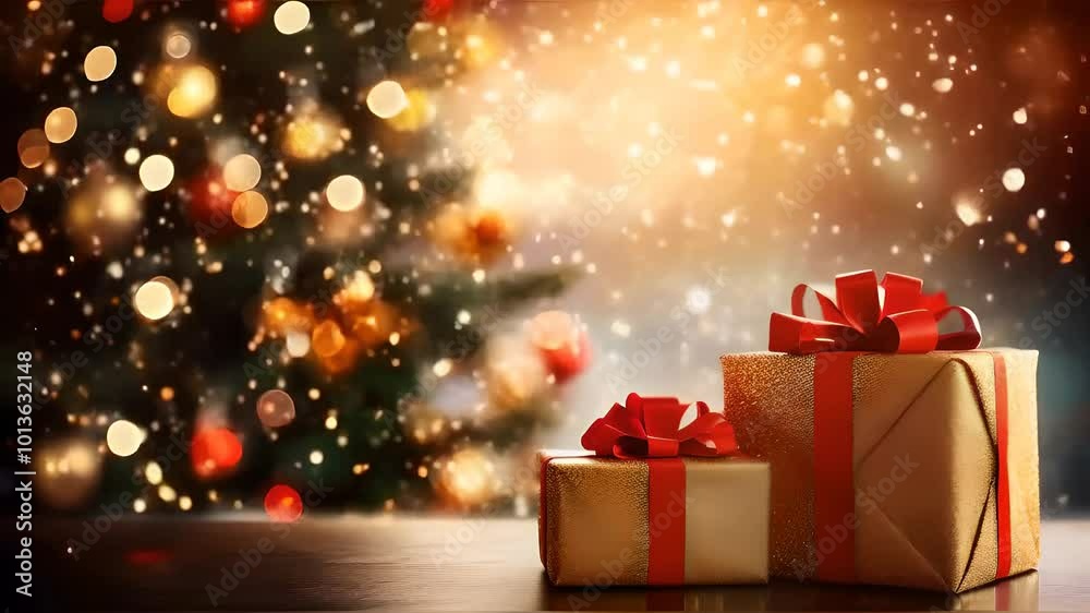 Golden christmas present boxes with red ribbons on a table blurred background of a christmas tree and lights, holiday gift giving, festive decor, joyful celebration