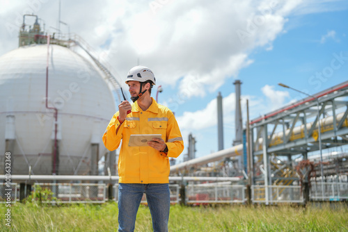 portrait refinery worker wears safety and harthat using walkie talkie communicate with team while inspection in oil refinery industry photo