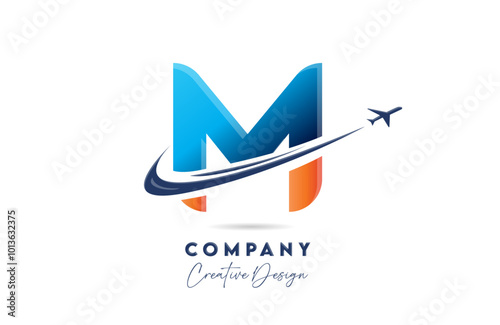 M corporate letter alphabet logo icon design with swoosh plane suitable for an air or aerospace travel company or business
