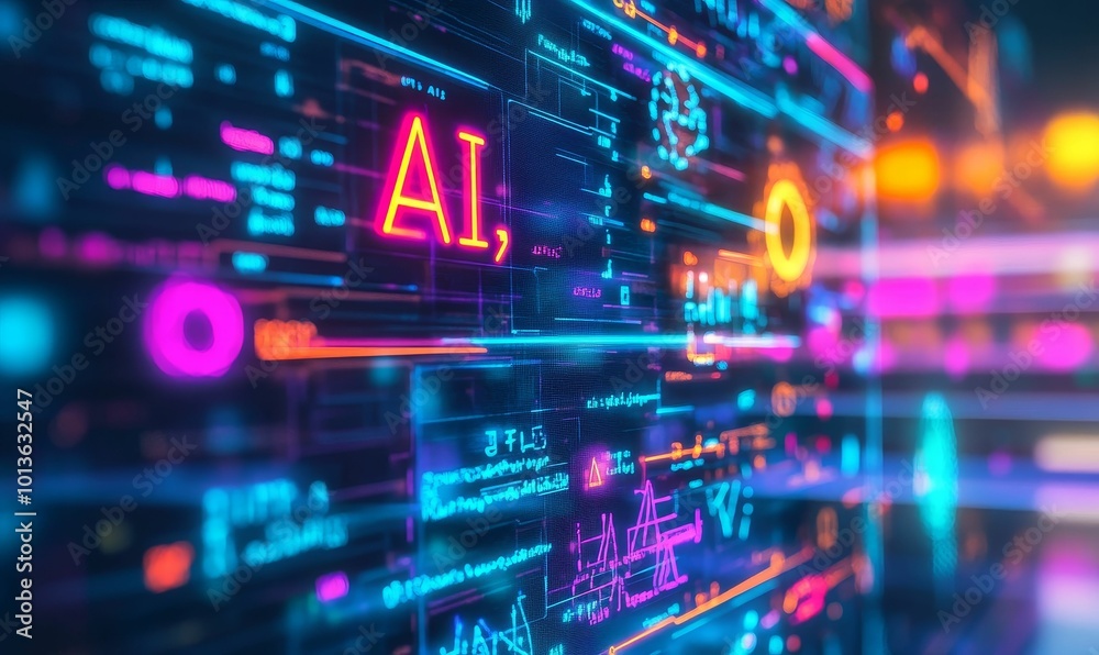 Neon AI code with glowing circuits.