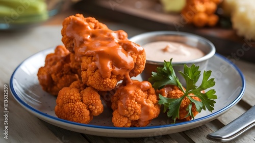 Crispy Cauliflower Buffalo Wings, A plant-based take on buffalo wings, featuring crispy cauliflower coated in spicy buffalo sauce, served with vegan ranch.