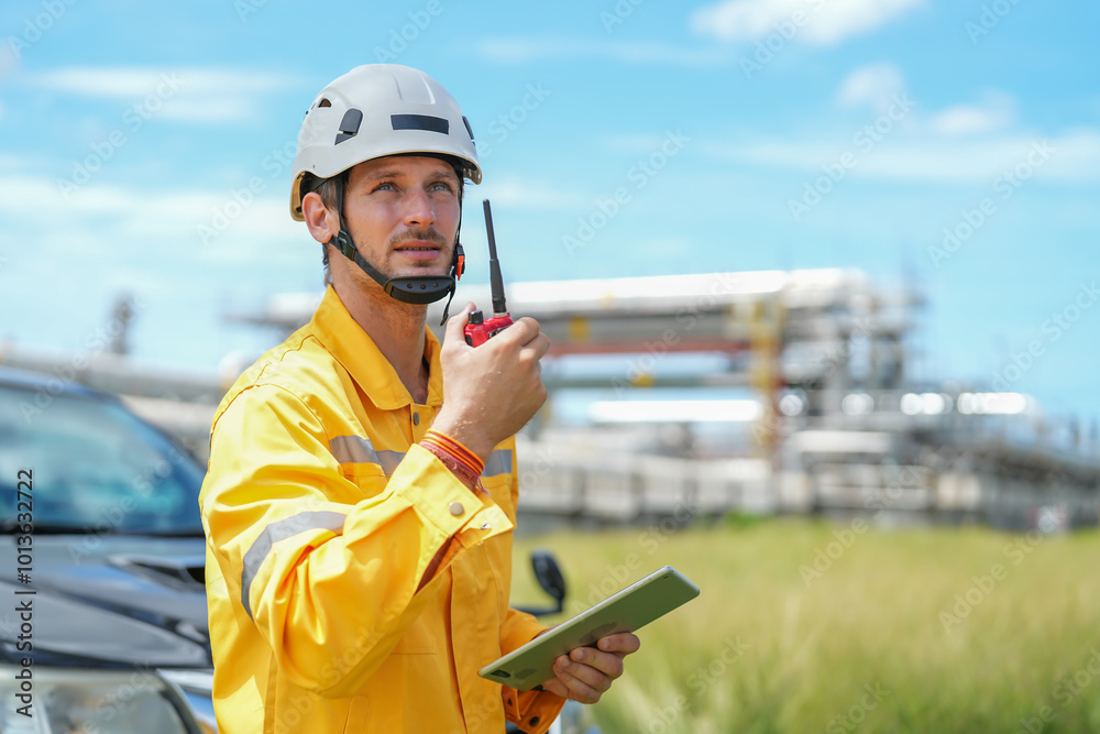 Obraz premium portrait refinery worker wears safety and harthat using walkie talkie to communicate with team while inspecting oil refinery industry