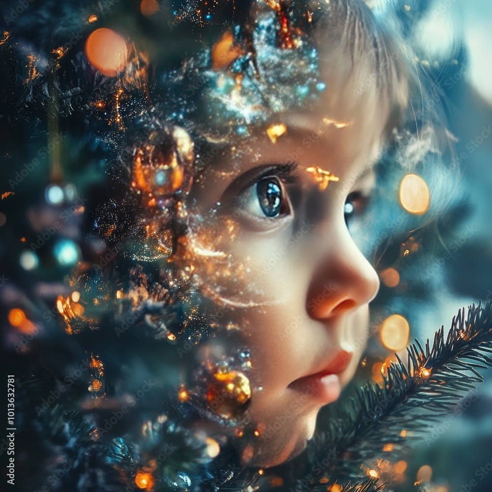 Dreamy double exposure of a child's wonder-filled face merged with a magical Christmas tree, ornaments Dreamy double exposure of a child's wonder-filled face merged with a magical Christmas tree, ornaments