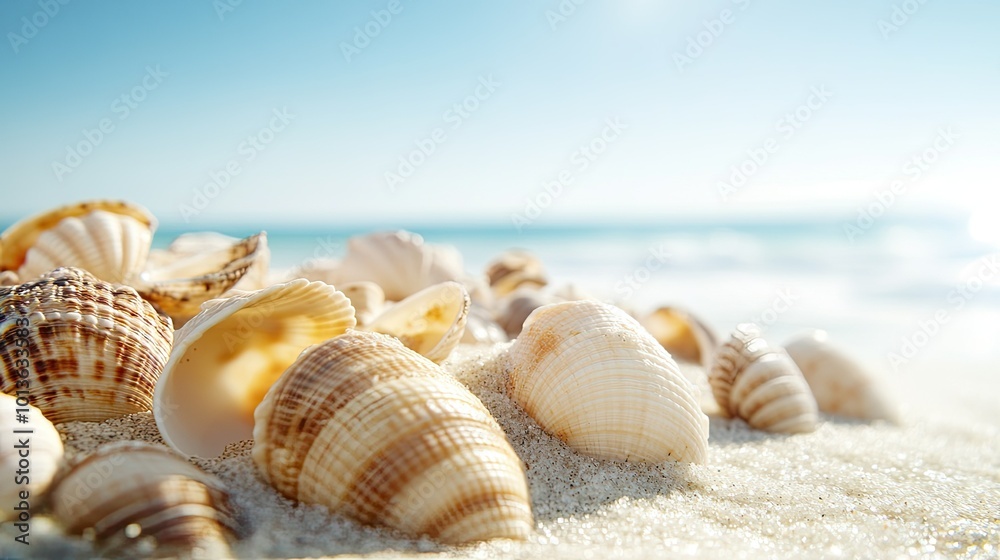 A close-up of a sandy beach with beautiful seashells, ample copy space in the clear sky A close-up of a sandy beach with beautiful seashells, ample copy space in the clear sky