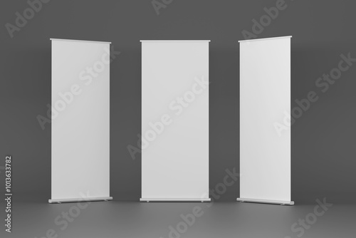 Blank Roll up or Standee Mockup on Grey  background - 3D Illustration Render