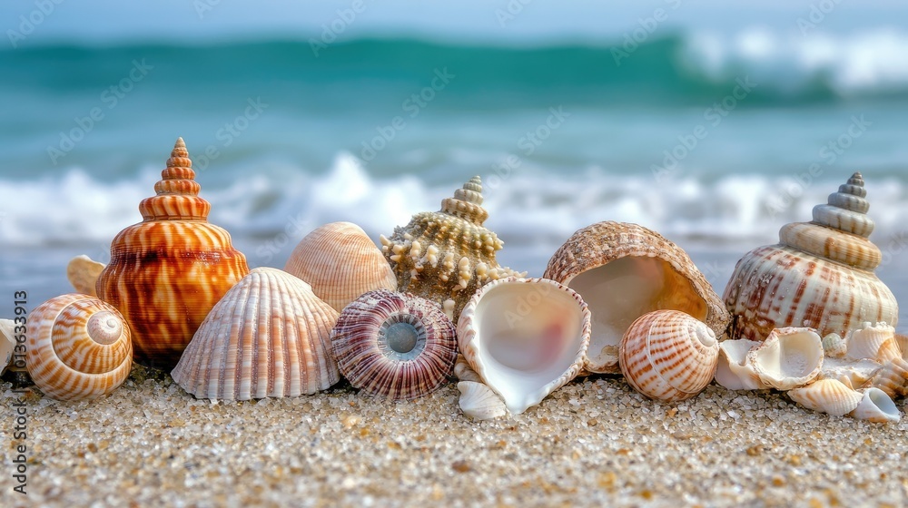 A collection of seashells on the beach, the ocean in the background with ample copy space