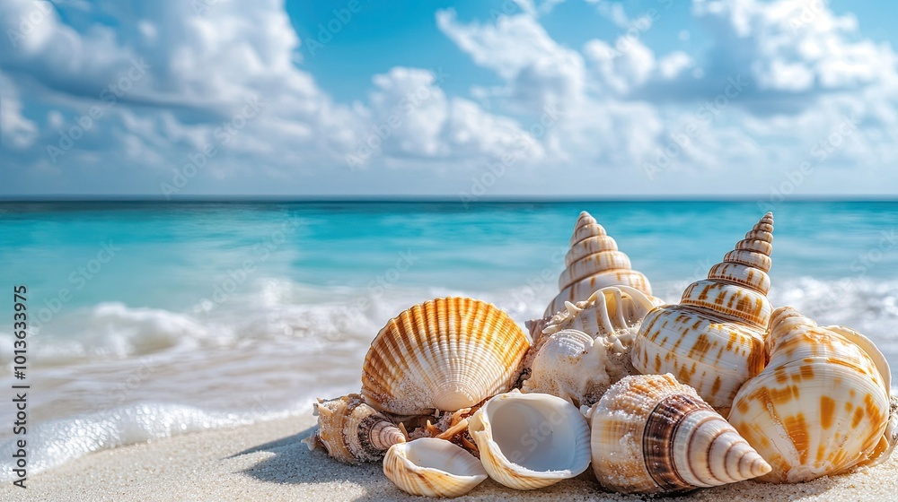 A collection of seashells on the beach, the ocean in the background with ample copy space A collection of seashells on the beach, the ocean in the background with ample copy space