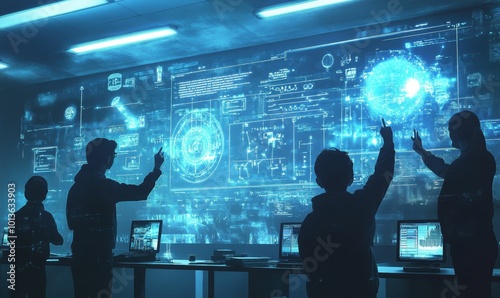 Silhouettes of people interacting with a large, blue digital display.