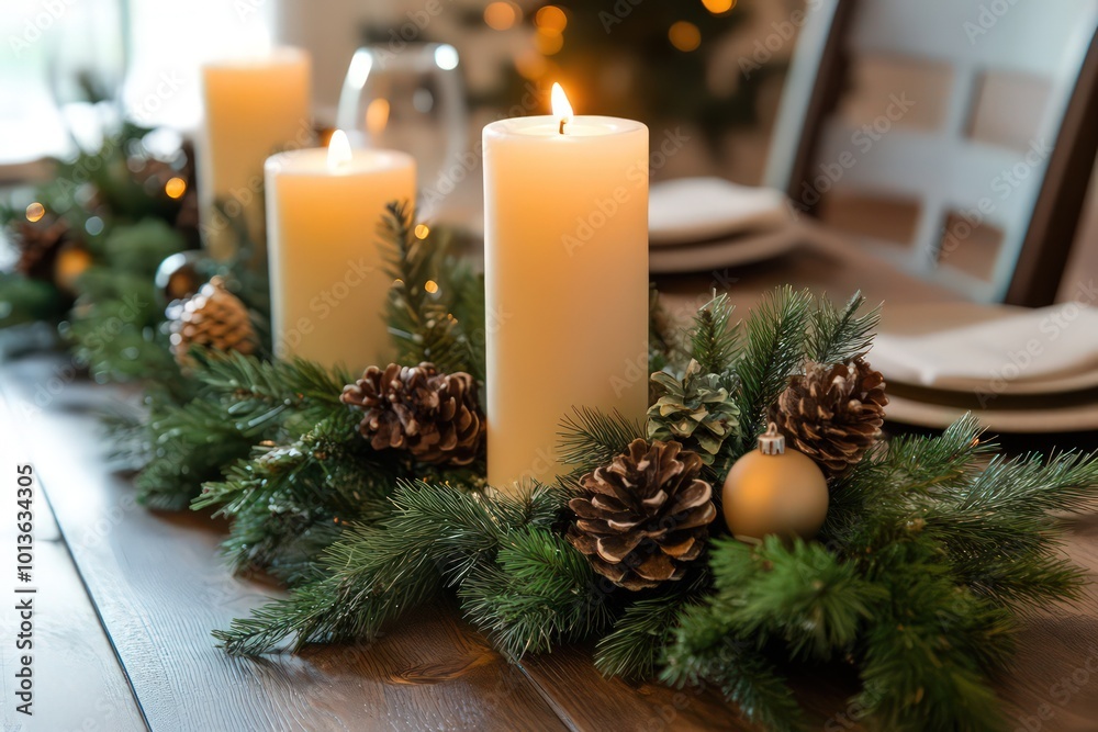 A festive holiday table centerpiece with candles and greenery. A festive holiday table centerpiece with candles and greenery.
