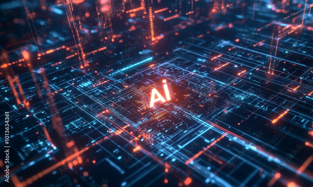 AI glowing on abstract digital circuit board. AI glowing on abstract digital circuit board.