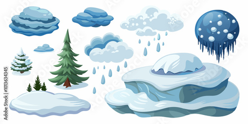 Set of Snow Flurries: Different types of snow effects, including light flurries, heavy snowfall, and drifting snow.
