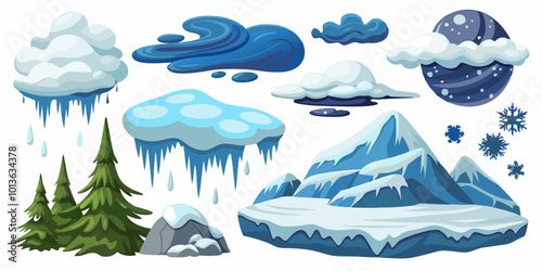 Set of Snow Flurries: Different types of snow effects, including light flurries, heavy snowfall, and drifting snow.
