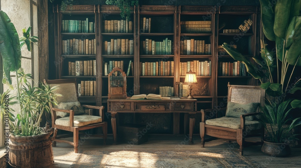 A library corner filled with South Asian classics, old wooden chairs, and a desk with an oil lamp, blank copy space
