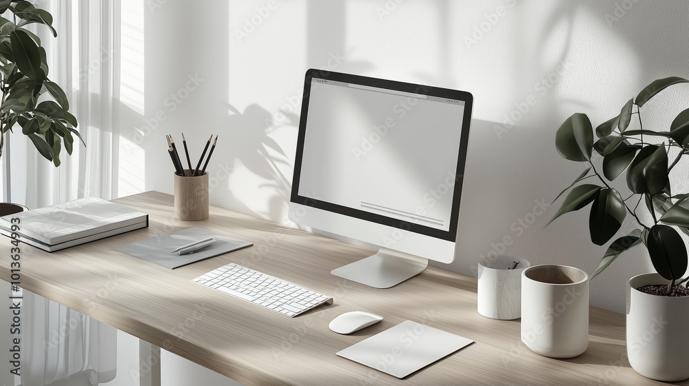 Minimalist Workspace with Natural Light and Greenery Minimalist Workspace with Natural Light and Greenery