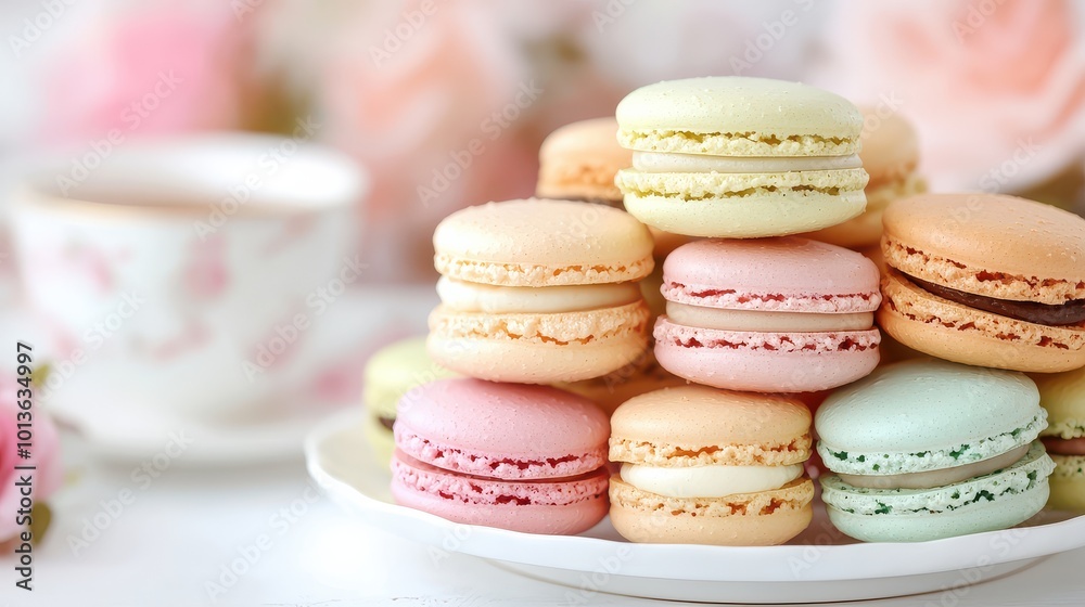 Fototapeta premium A colorful assortment of delicate macarons arranged on a plate, accompanied by a floral backdrop and a cup of tea.