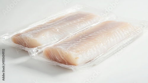 Fresh cod fish fillets in plastic packaging, isolated on a white background with space for branding or text, perfect for seafood promotions. photo