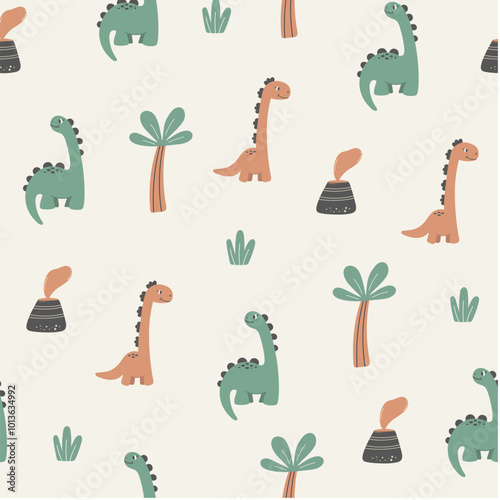 Childish seamless pattern with dinosaurs, volcanoes and palm trees. Vector illustration in funny cartoon style. Cute  dino baby background.  Dinosaur vector illustration.