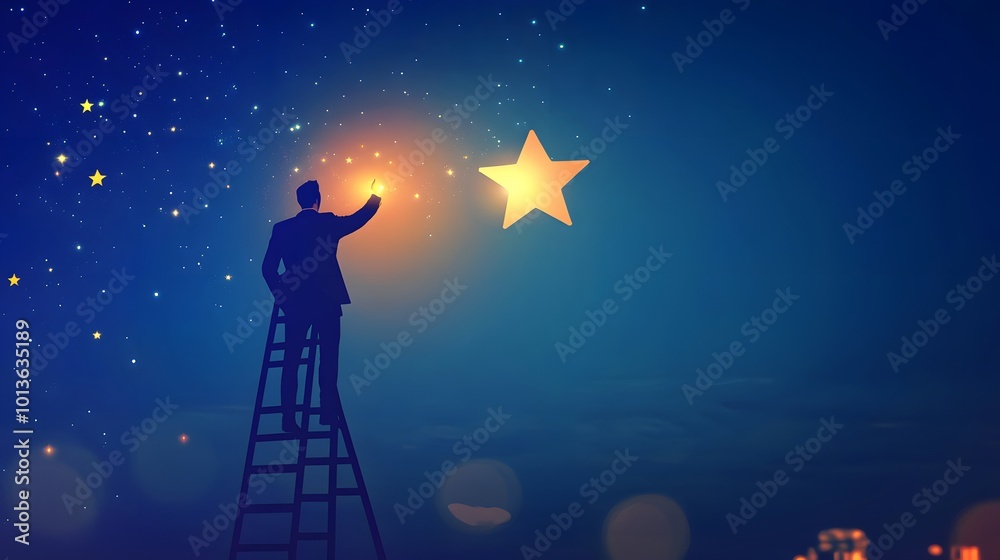 Businessman on a ladder reaching for a glowing star, symbolizing ambition and aspiration Businessman on a ladder reaching for a glowing star, symbolizing ambition and aspiration