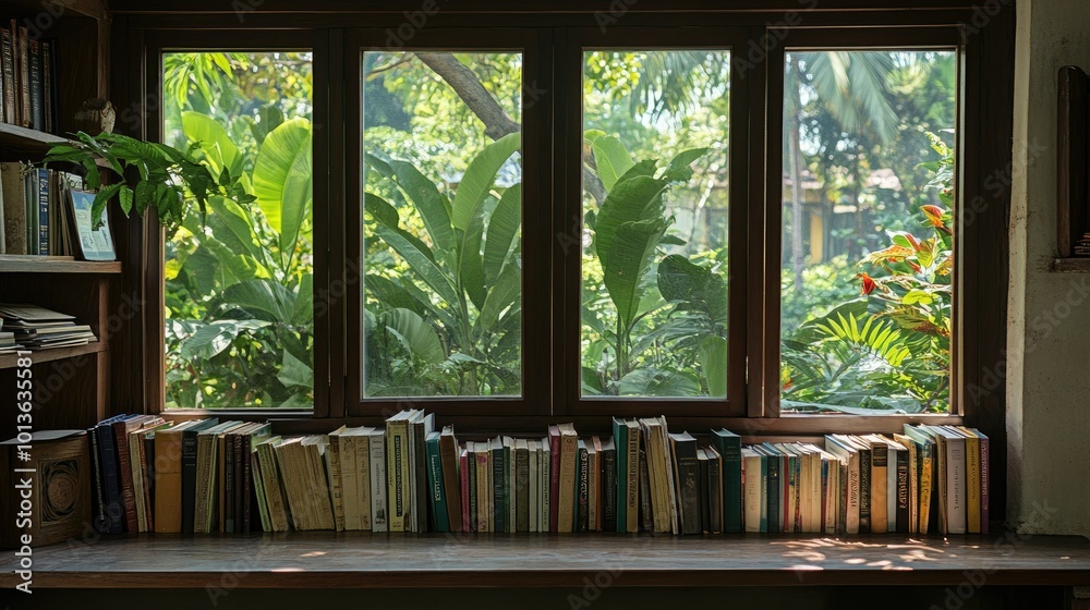 A quiet study with South Asian literature books on a wooden bench, window view of lush greenery, copy space A quiet study with South Asian literature books on a wooden bench, window view of lush greenery, copy space