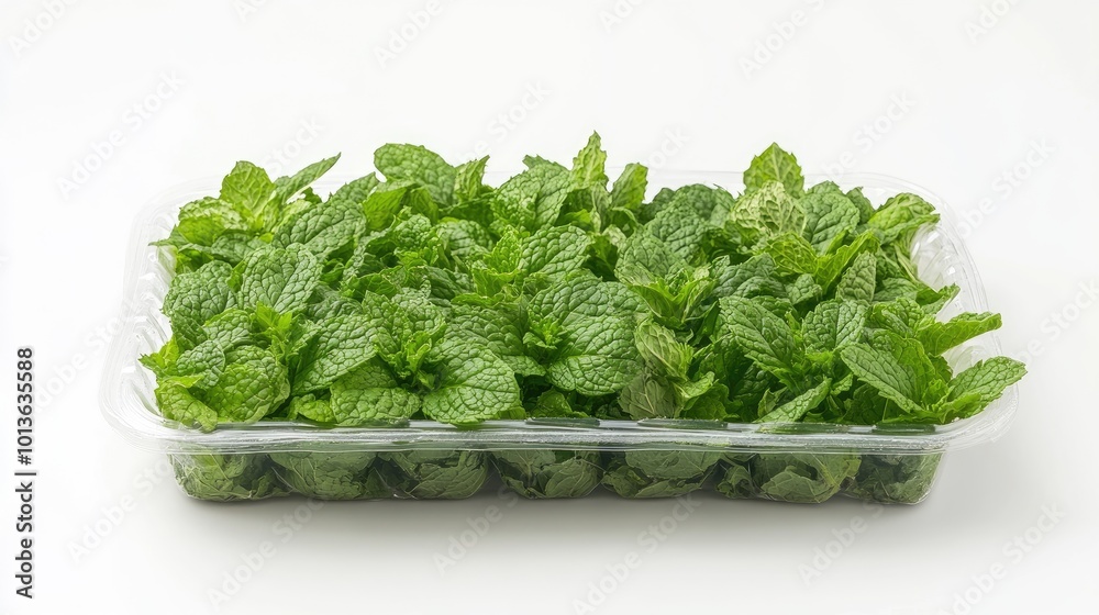 Fresh mint leaves neatly packed in clear plastic packaging, resting on a clean white background. The packaging keeps the herbs fresh and market-ready. Fresh mint leaves neatly packed in clear plastic packaging, resting on a clean white background. The packaging keeps the herbs fresh and market-ready.