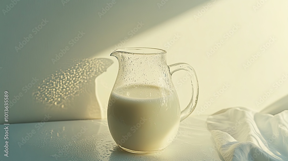 Fresh milk in a transparent jug, standing on a white background with condensation droplets, showcasing its cold and refreshing quality, perfect for promoting dairy products. Fresh milk in a transparent jug, standing on a white background with condensation droplets, showcasing its cold and refreshing quality, perfect for promoting dairy products.