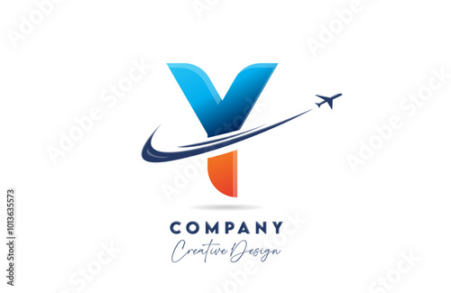 Y corporate letter alphabet logo icon design with swoosh plane suitable for an air or aerospace travel company or business