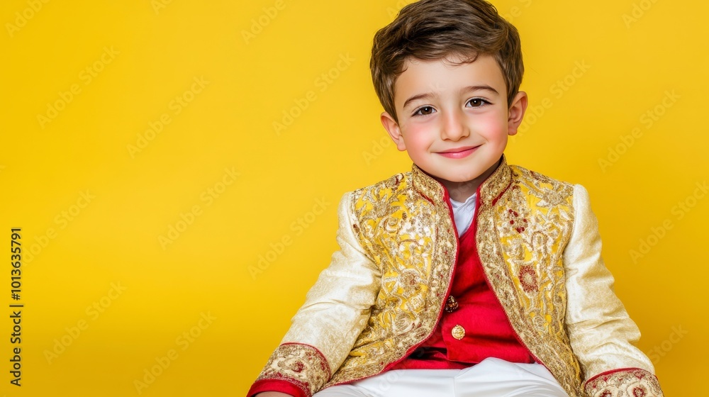 Young boy wearing a traditional outfit with ornate design and patterns Young boy wearing a traditional outfit with ornate design and patterns
