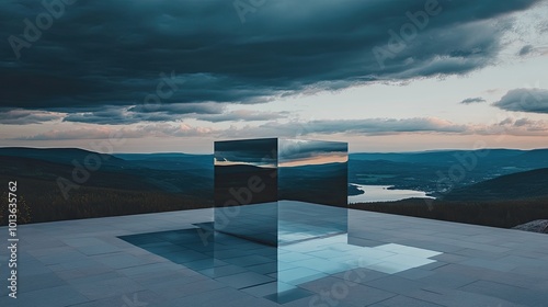 An enormous polished cube stands on a stone platform, reflecting a dramatic sunset sky while surrounded by a smooth mirror-like surface that enhances the illusion of calmness