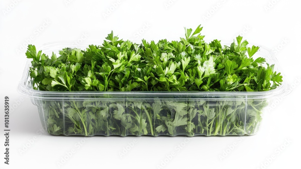 Fresh parsley packed in a transparent plastic container, sealed and ready for sale, set against a white background. The fresh green leaves are prominently displayed. Fresh parsley packed in a transparent plastic container, sealed and ready for sale, set against a white background. The fresh green leaves are prominently displayed.