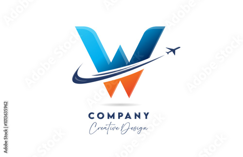 W corporate letter alphabet logo icon design with swoosh plane suitable for an air or aerospace travel company or business