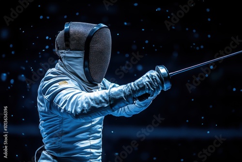 Athlete in full gear practices fencing under dramatic lighting at a training facility photo