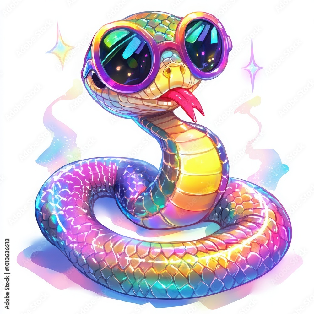Fototapeta premium Create a chibi rainbow boa with an iridescent, multi-colored body, wearing oversized neon sunglasses. The snake is coiled around a glowing disco ball