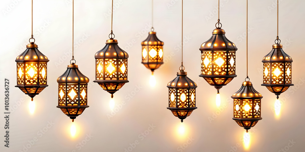 Elegant Flat Vector Illustration of Glossy Diwali Hanging Lamps with Glowing Light Patterns on Dark Background - A Warm and Beautiful Festive Scene Elegant Flat Vector Illustration of Glossy Diwali Hanging Lamps with Glowing Light Patterns on Dark Background - A Warm and Beautiful Festive Scene